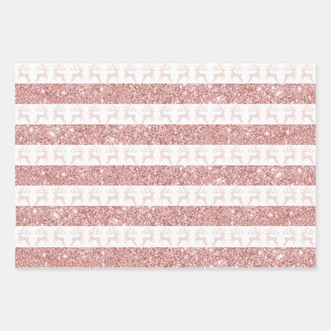 Elegant White and Rose Gold Glitter Christmas Deer Wrapping Paper Sheet (Front)