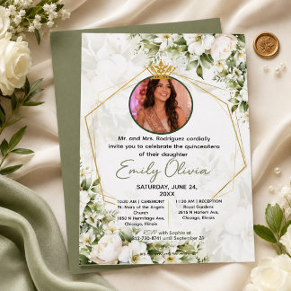 Elegant White and Sage green Floral Quinceañera Invitation
