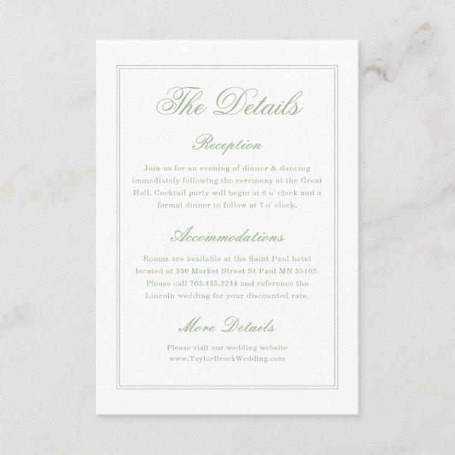 Elegant White and Sage Green Wedding Details  Enclosure Card (Front)