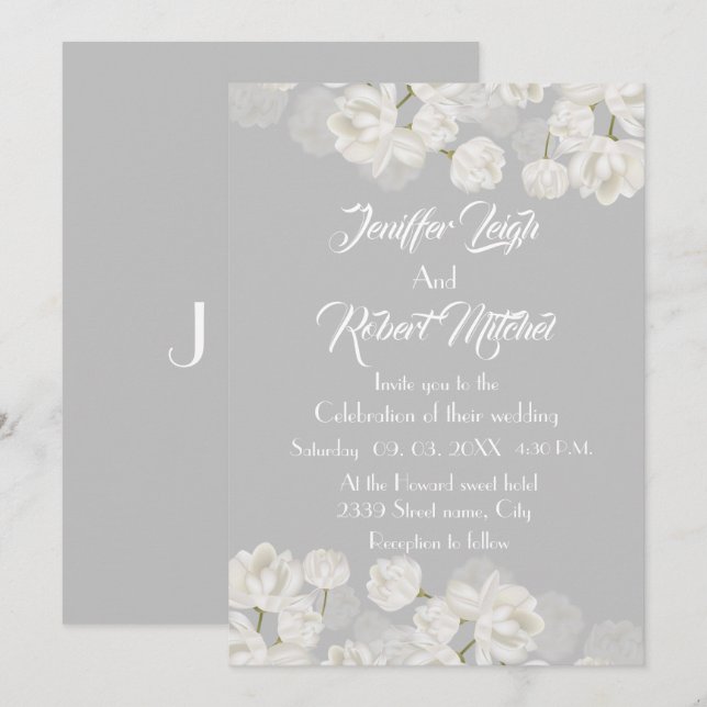 Elegant white and silver floral wedding invitation (Front/Back)
