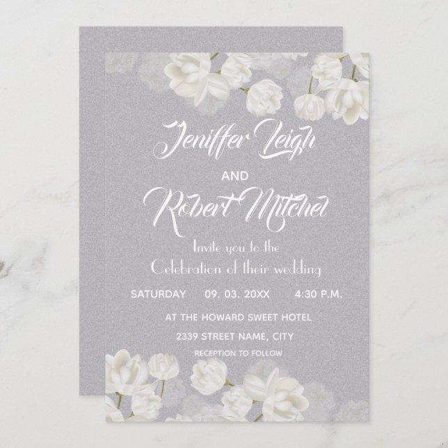 Elegant white and silver floral wedding invitation (Front/Back)