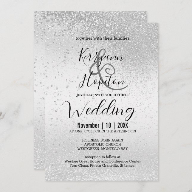 Elegant White and Silver Glitter Invitation (Front/Back)
