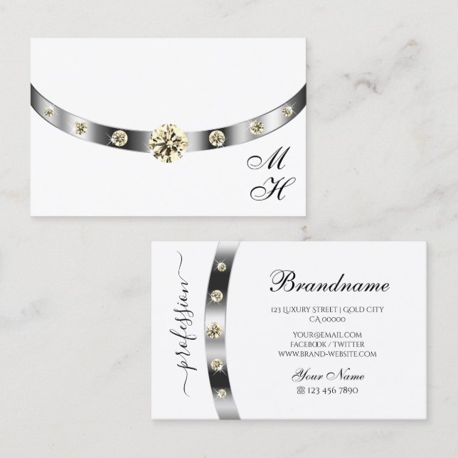 Elegant White and Silver with Monogram Diamonds    Business Card (Front/Back)