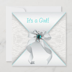 Elegant White and Teal Blue Baby Girl Shower Invitation