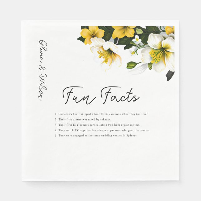 Elegant White and Yellow Floral Wedding Fun Facts Napkin (Front)