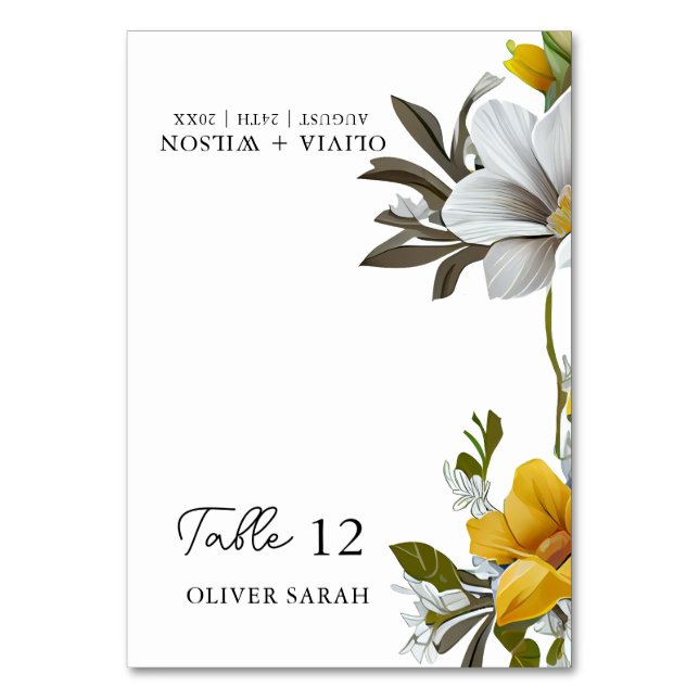 Elegant White and Yellow Floral Wedding Place Card (Front)
