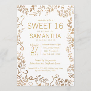 Elegant White and Yellow Gold Floral Sweet 16 Invitation