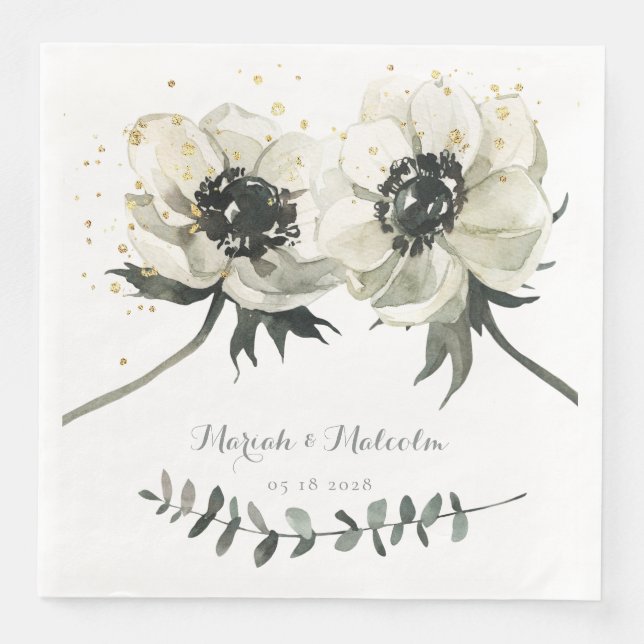Elegant White Anemones Eucalyptus Stem Wedding Napkin (Front)