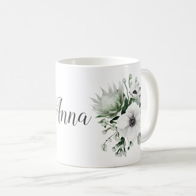 Elegant White Anemones Protea Eucalyptus Name Coffee Mug (Front Right)