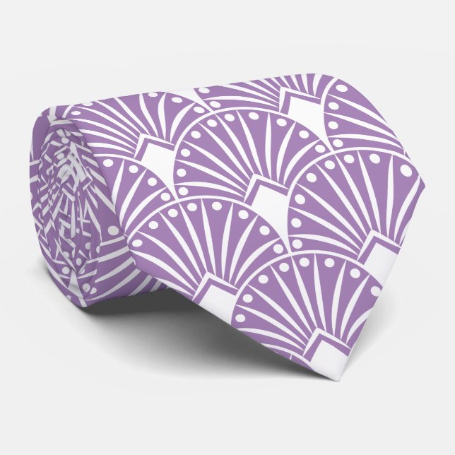 Elegant White Art Deco On Lavender Background Tie (Rolled)