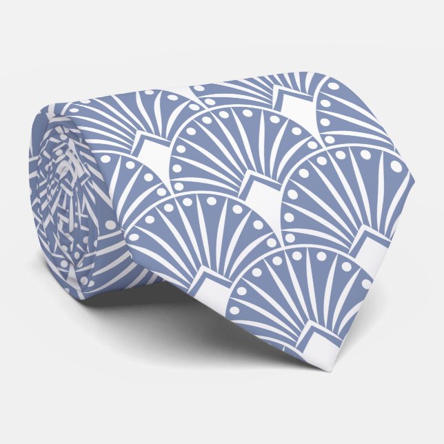 Elegant White Art Deco On Light Blue Background Tie (Rolled)