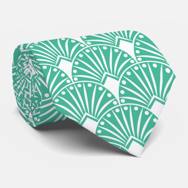 Elegant White Art Deco On Turquoise Background Tie (Rolled)