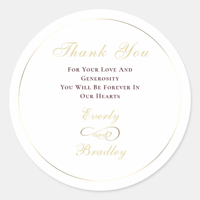 Elegant White Background Dark Red Gold Script Classic Round Sticker (Front)