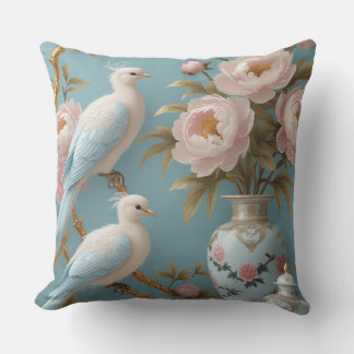 Elegant White Birds and Peonies on Golden Branches Cushion