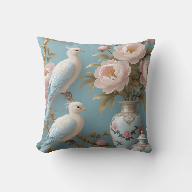 Elegant White Birds and Peonies on Golden Branches Cushion (Front)