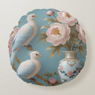Elegant White Birds and Peonies on Golden Branches Round Cushion