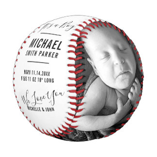 Elegant White Birth Announcement 2 Photos Name Baseball