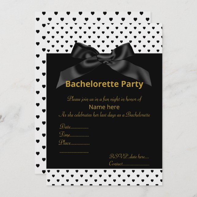 ELEGANT WHITE BLACK BOW heart BACHELORETTE INVITE (Front/Back)