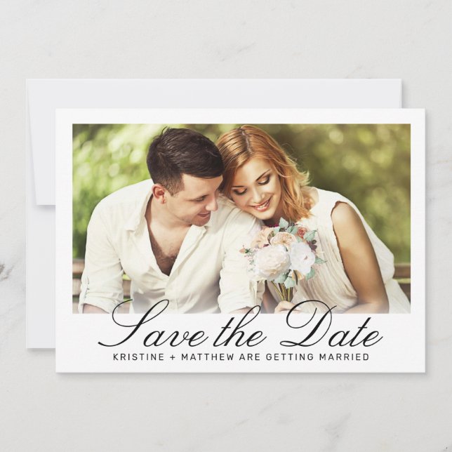 Elegant White Black Calligraphy Photo Wedding Save The Date (Front)