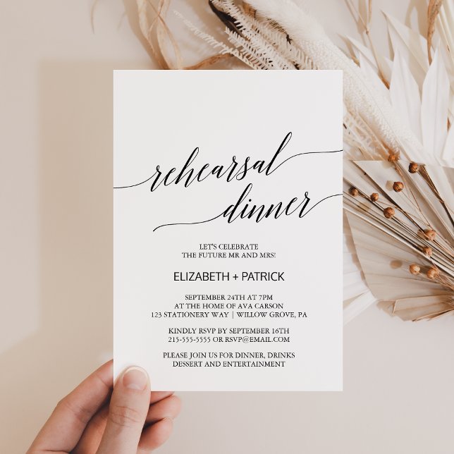 Elegant White & Black Calligraphy Rehearsal Dinner Invitation (Creator Uploaded)