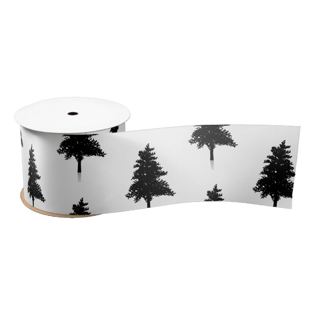 Elegant White Black Christmas Tree Pattern Satin Ribbon (Spool)