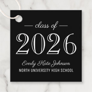 Elegant White Black Class of 2026 Graduation Favour Tags