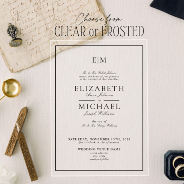 Elegant White Black Classic Monogram Wedding Acrylic Invitations (Creator Uploaded)