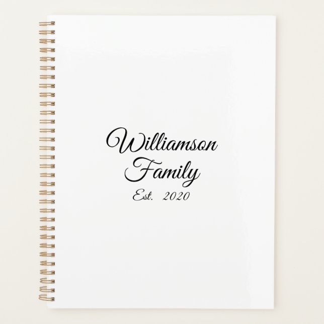 Elegant white black custom script family name date planner (Front)