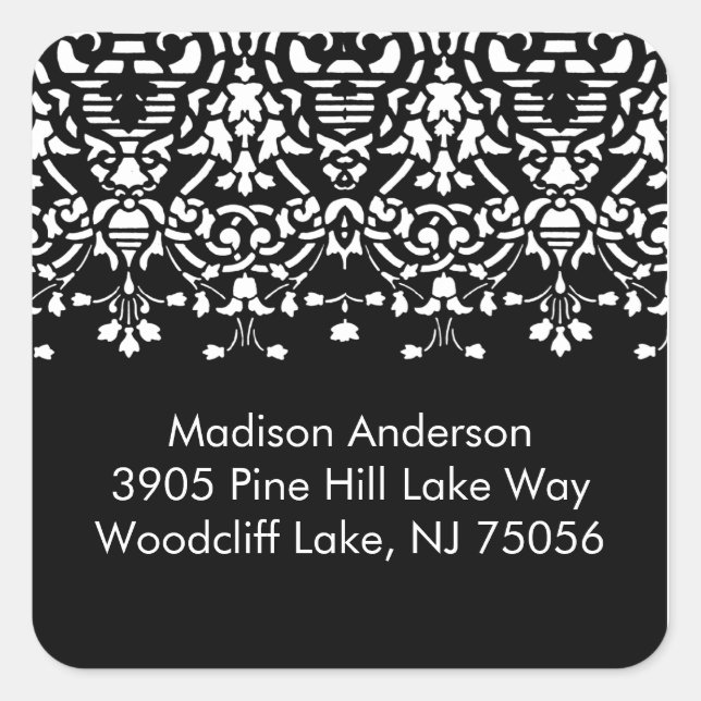 Elegant White & Black Damask Address Square Sticke Square Sticker (Front)