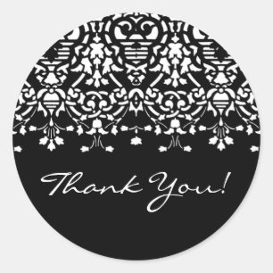 Elegant White & Black Damask Thank You Sticker