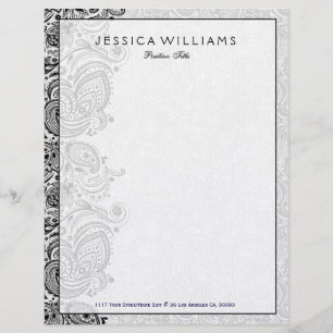 Elegant White & Black Floral Paisley Lace Personalised Letterhead