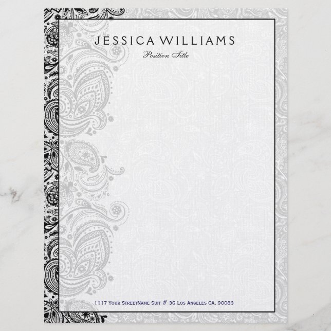 Elegant White & Black Floral Paisley Lace Personalised Letterhead (Front)