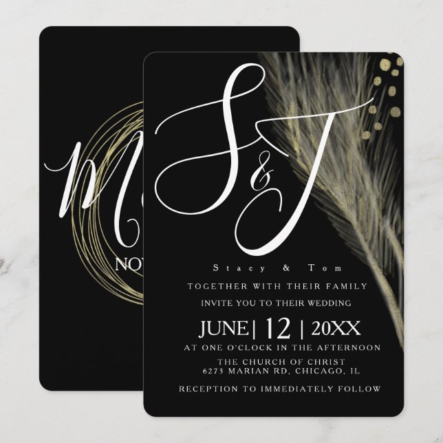 Elegant White Black Foil Pampas Wedding Suite Invitation (Front/Back)