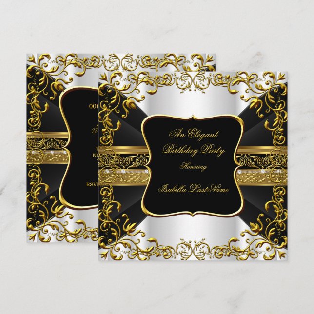 Elegant White Black Gold Ornate Birthday Party Invitation (Front/Back)