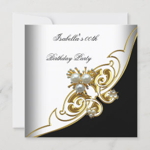 Elegant White Black Gold Pearl Birthday Invitation