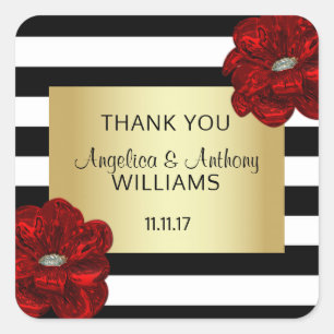 Elegant White,Black,Gold & Red Flower Wedding Square Sticker