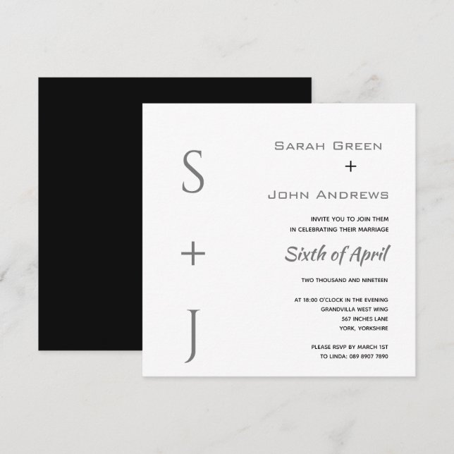 Elegant White Black Grey Wedding Square Invitation (Front/Back)