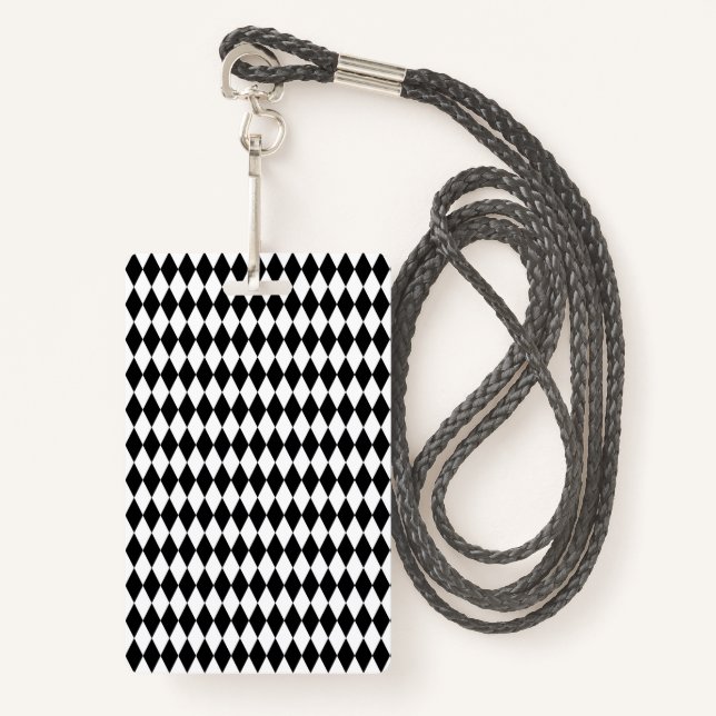 Elegant White Black Harlequin Geometric Rhombuses ID Badge (Front with Lanyard)