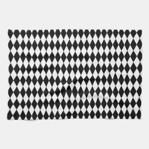 Elegant White Black Harlequin Geometric Rhombuses Tea Towel