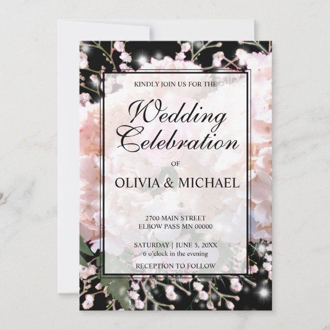 Elegant white black lace floral pink roses Wedding Invitation (Front)