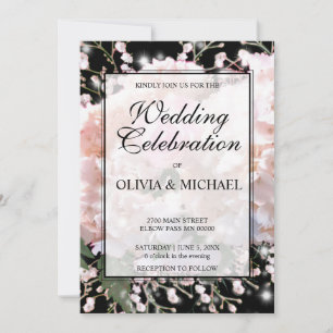 Elegant white black lace floral pink roses Wedding Invitation