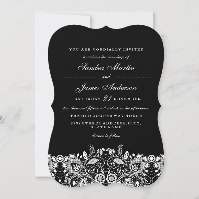 Elegant White Black Lace Wedding Invitation (Front)