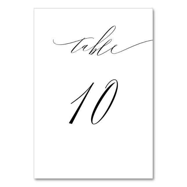 Elegant White Black Modern Script No 10 Wedding Table Number (Front)