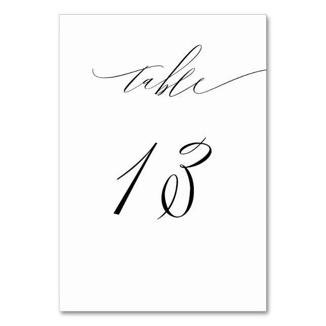 Elegant White Black Modern Script No 13 Wedding Table Number (Front)