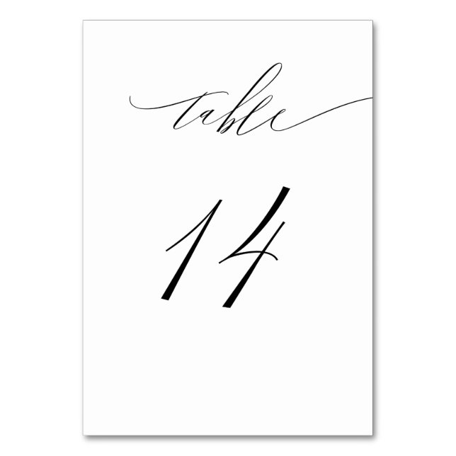 Elegant White Black Modern Script No 14 Wedding Table Number (Front)