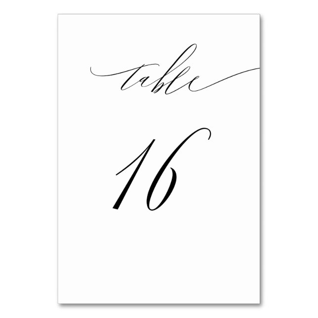 Elegant White Black Modern Script No 16 Wedding Table Number (Front)