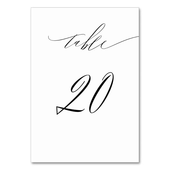 Elegant White Black Modern Script No 20 Wedding Table Number (Front)