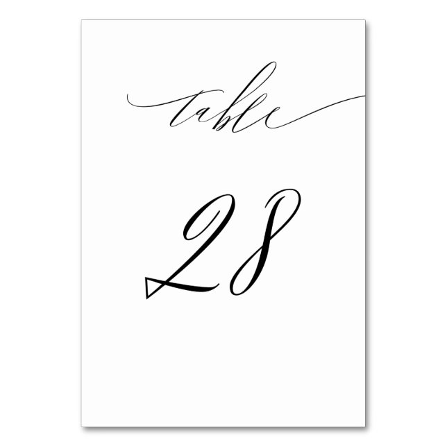 Elegant White Black Modern Script No 28 Wedding Table Number (Front)