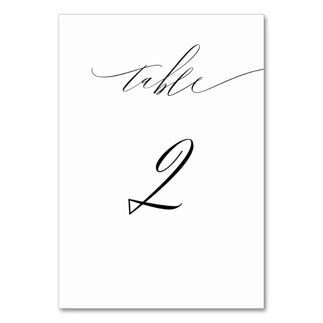 Elegant White Black Modern Script No 2 Wedding Table Number (Front)