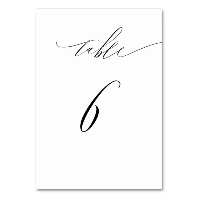 Elegant White Black Modern Script No 6 Wedding Table Number (Front)
